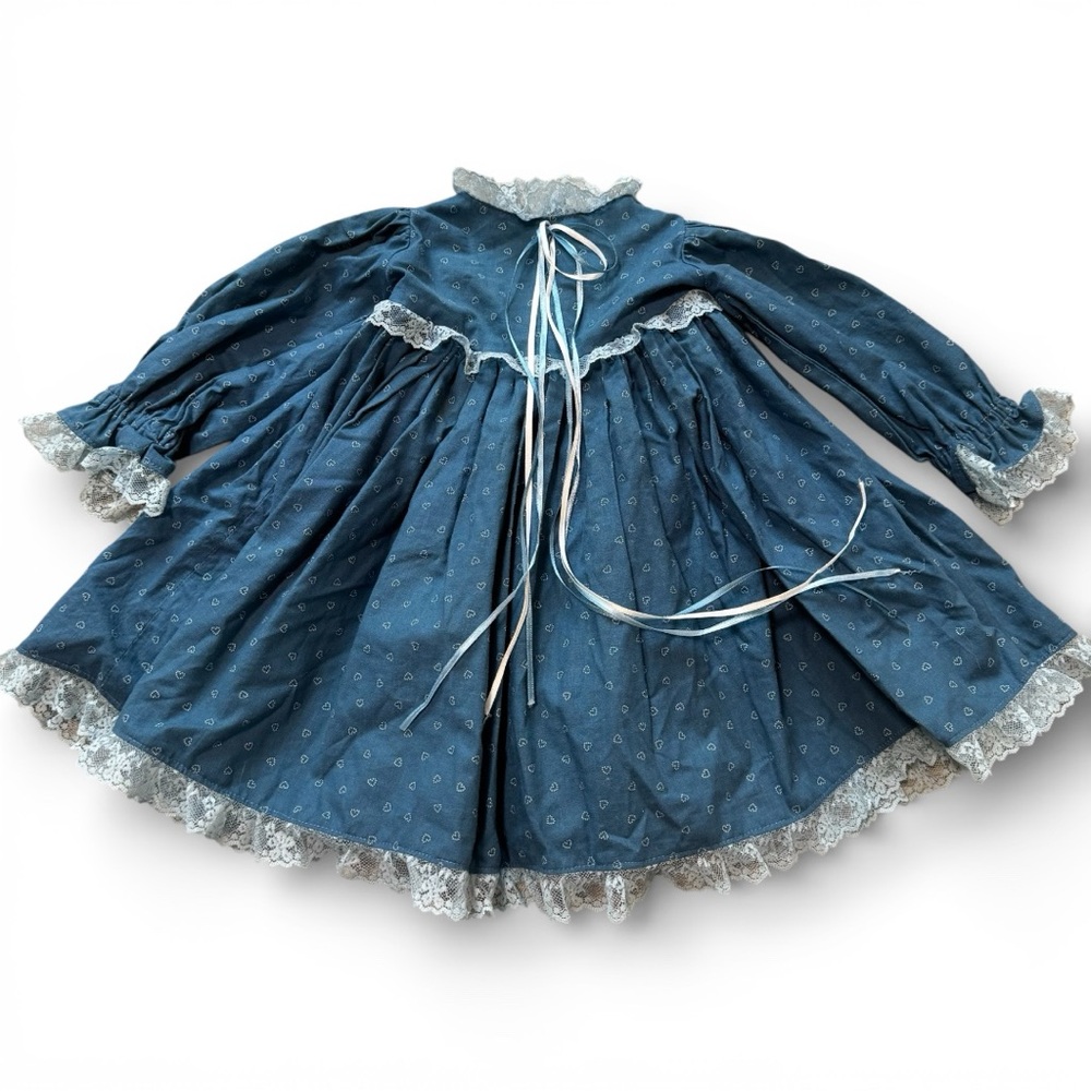 Vintage Blue Baby Girl Dress White hearts lace